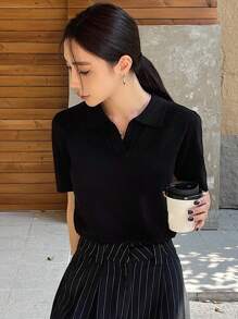 DAZY Women's Casual Solid Color Minimalist Short Sleeve Knitted Top For Summer & Autumn - Black - View 5