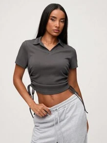 SHEIN BASICS Blusa casual de punto de unicolor con cuello y manga corta para dama con cordón a los lados - Gris Oscuro - Ver 5