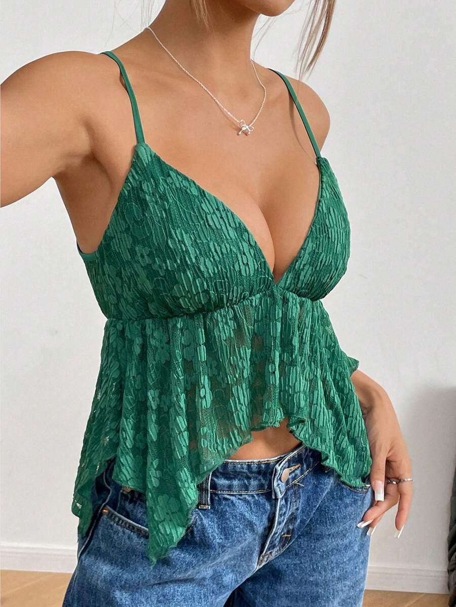 SHEIN Unity 女士不对称下摆白色蕾丝吊带背心，夏季 - 綠色 - 查看 1