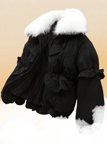 Tween Girl Ruffle Collar High-End Elegant Sweet Elegant Cute Princess Warm Bread Padded Coat, Versatile - Black - View 1
