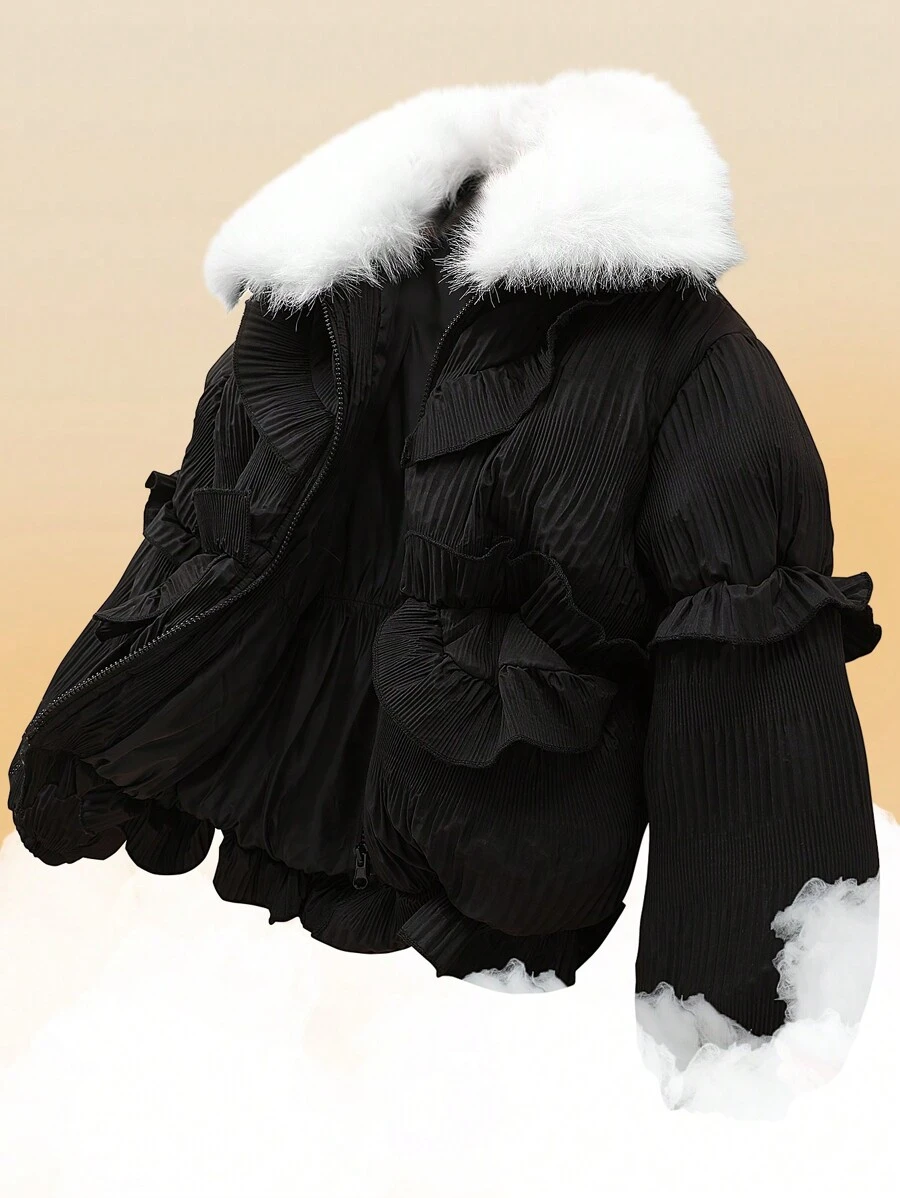Tween Girl Ruffle Collar High-End Elegant Sweet Elegant Cute Princess Warm Bread Padded Coat, Versatile - Black - View 1