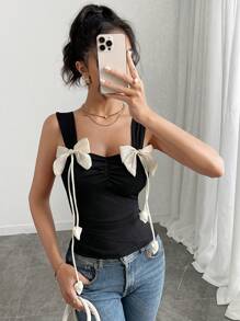 Chiquease 女士弹性针织蝴蝶结装饰褶腰背心、无袖汗衫