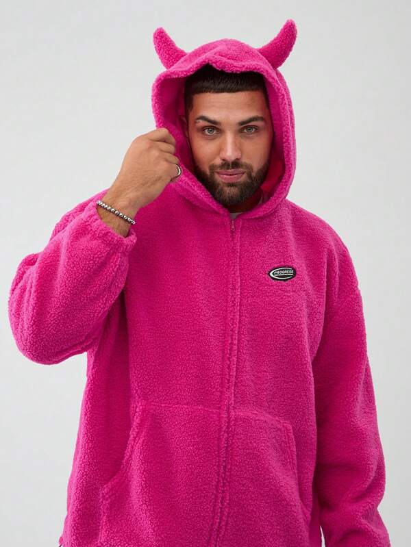 Manfinity NXTstreet Plus Size Men Fleece Hooded Zipper Front Casual Jacket Coat