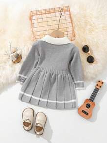 Baby Girl Cable Knit Pleated Sweater Dress, For Winter - Light Grey - View 2
