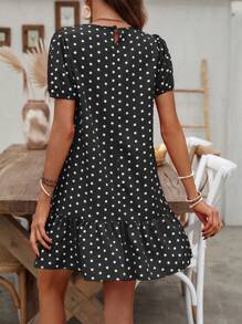 EMERY ROSE Women's Summer Polka Dot Printed Round Neck Short Puff Sleeve Straight Dress - Black - View 2