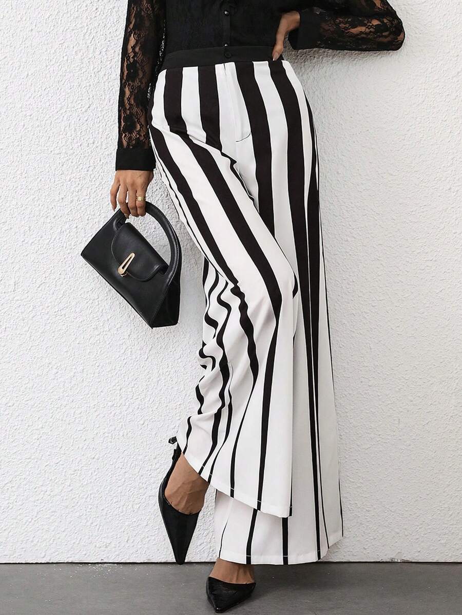 SHEIN Privé Quần dài thường ngày thiết kế tối giản chắp vá màu trơn dành cho nữ, mặc hàng ngày - màu đen - Xem 1