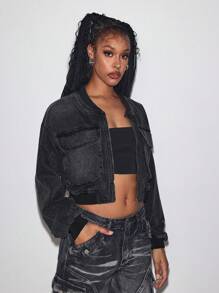 SHEIN ICON Women's Casual Front Zip Pocket Denim Jacket - Black - View 5
