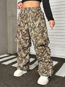 SHEIN EZwear 大码女式枝形印花宽松阔腿休闲工装裤 - 軍綠色 - 查看 5