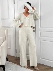SHEIN 2pcs/Set V-Neck Casual Buttoned Cardigan And Pants - Beige - View 7