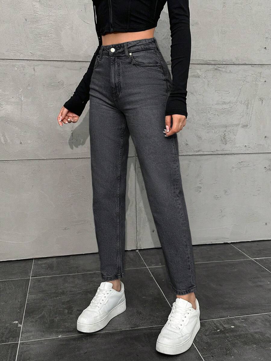 SHEIN Cottnline 女款寬鬆直筒口袋休閒百搭牛仔褲 - 灰色 - 查看 1