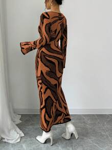 Elenzga 女式图案设计喇叭袖针织毛衣连衣裙 - 鏽棕色 - 查看 2