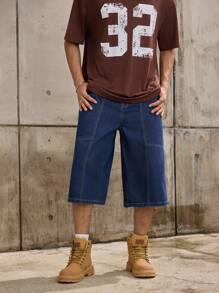 Forever 21 Men's Short Length Loose Straight Cargo Jeans With White Pressure Line In Dark Wash Suitable For Summer And Autumn - Dark Wash - View 6