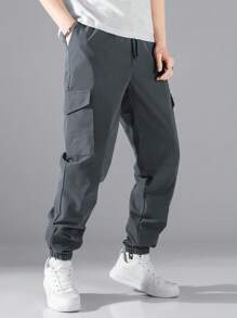 Claim Dot Loose Fit Men's Flap Pocket Side Drawstring Waist Pants - Dark Grey - View 1