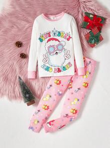 2pcs/Set Girls' Minimalist Fashion Christmas Pattern Long Sleeve Top & Snug Fit Pants Pajama Set - Multicolor - View 1