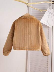 Girls' Thick Fleece Collar Warm Jacket With Faux Pockets And Snap Button Closure, Sibling Outfits Matching Style (2 Pieces Sold Separately) - Khaki - View 2