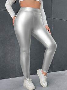 SHEIN Essnce Plus Size Women Silver Coated Fashion Leggings