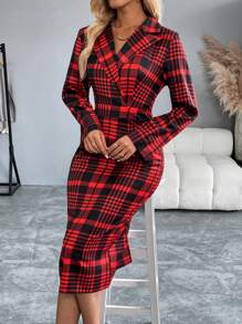 SHEIN Clasi Casual Plaid Lapel Waisted Dress, Autumn/Winter