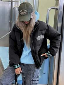 Aveloria Affinna Abrigo acolchado holgado para mujer con diseño de bloque de color, puño estriado, estampado de letras y rayas, para otoño/invierno