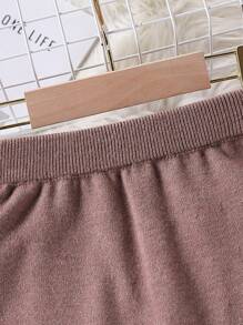 Young Girl Solid Color Mid-Length Sweater Skirt, Fashion Casual Brown High Waist Knit A-Line Skirt - Brown - View 3