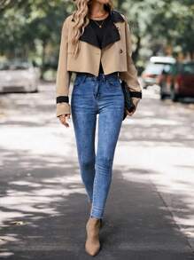 SHEIN LUNE Women's Color-Blocking Long  Fashionable Jacket, Autumn/Winter - Multicolor - View 7