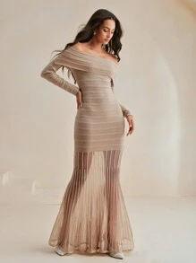 Anewsta Váy dài bó sát bán trong suốt thanh lịch dành cho nữ, trang phục Maxi mùa thu dành cho nữ - Kem - Xem 7