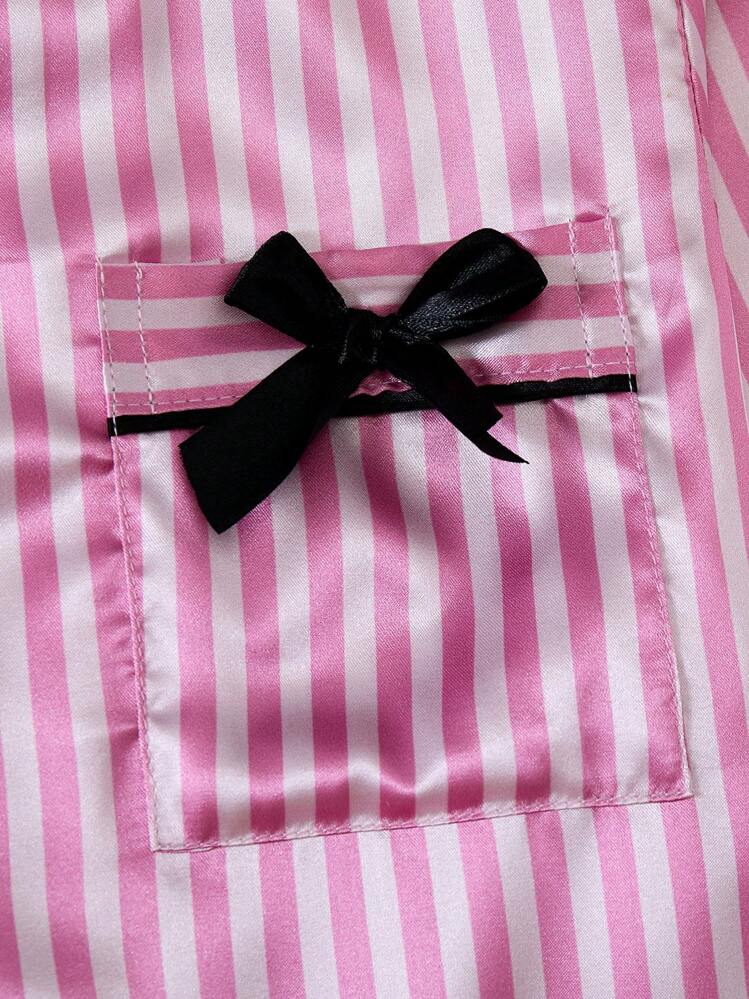 SHEIN Conjunto de pijama de satén a rayas con decoración de lazos para adolescentes, ropa de verano para viajes y relajación - Rosa - Añade 5