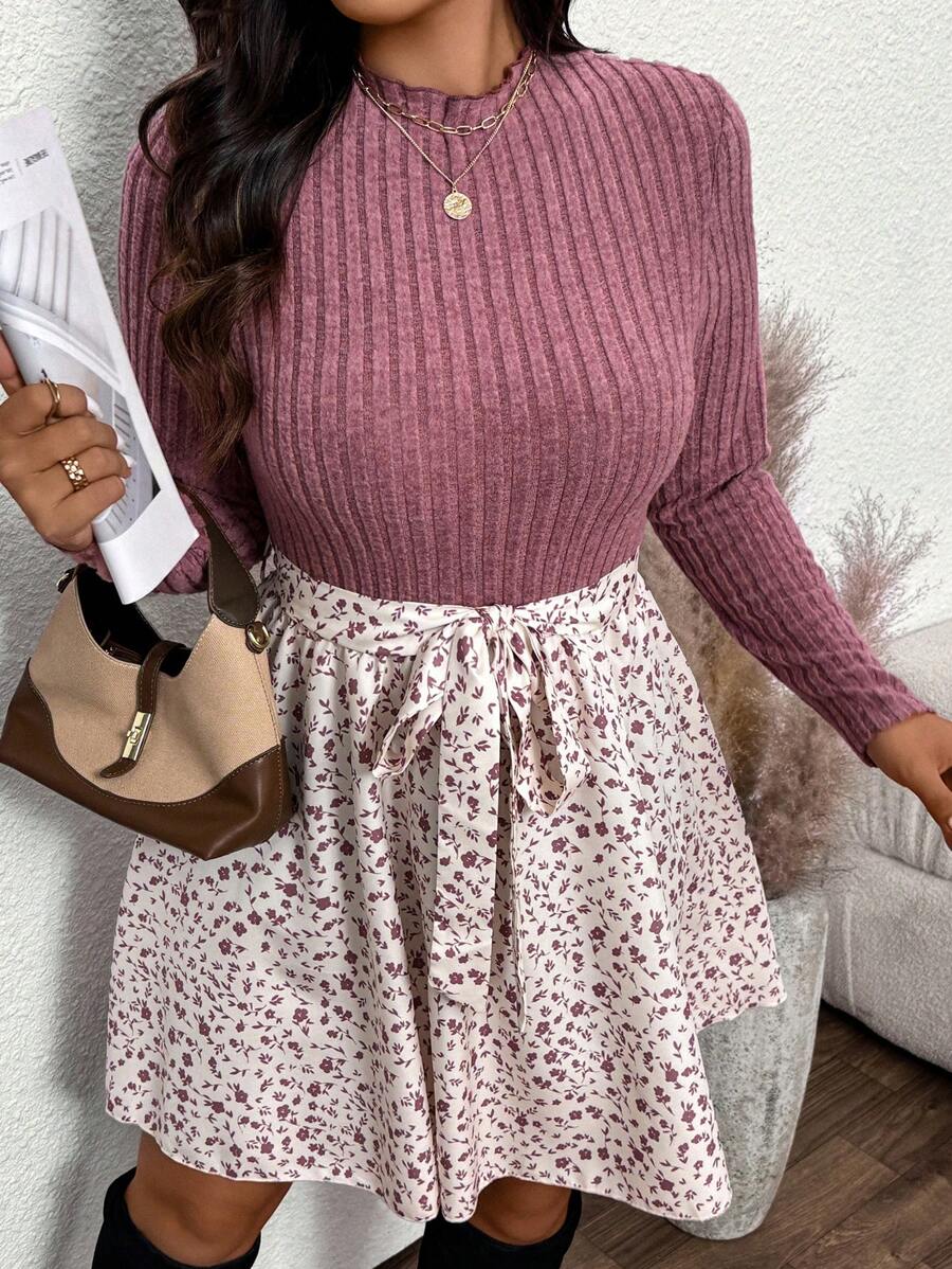 SHEIN Frenchy 大码圆领罗纹腰带长袖碎花连衣裙