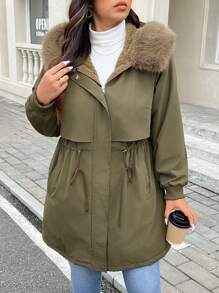 SHEIN Frenchy Manteau long rembourré décontracté pour femmes grandes tailles, vert armée, doublure thermique chaude, taille ajustable par cordon, poches, poignets côtelés coupe-vent, manteau d'hiver