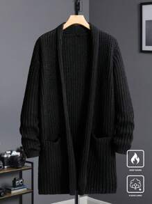 Manfinity Homme Men's Solid Color Casual & Versatile Long Sleeve Knitted Cardigan Going Out Drop Shoulder Plain Chunky Casual Oversize Plain Black Cardigan, For Husband, Boyfriend Gifts