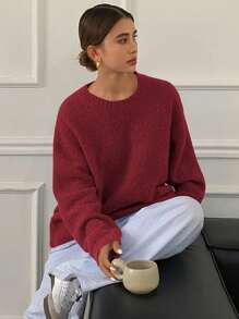 DAZY 1pc Women Solid Color Loose Long Sleeve Crew Neck Sweater,Fall Women Clothes - Red - View 1