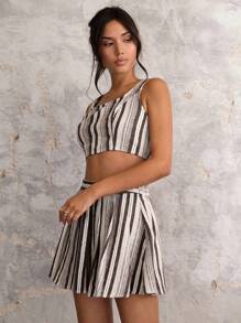 COSMINA Autumn/Winter Women Striped Square Neck Crop Top & Mini Skirt Casual 2-Piece Set - Multicolor - View 6
