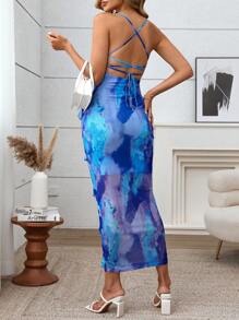 SHEIN Vestido materno ajustado de manga larga con efecto tie-dye, para fiesta de baby shower
