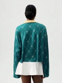 VARSIVA 撞色 Polo 领复古印花女式运动 Polo 衫长袖图案衬衫 - 綠色 - 查看 2