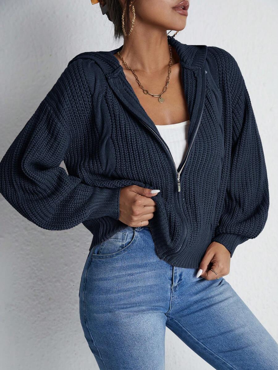 RueChic Casual Solid Color Lantern Sleeve Hoodie Cardigan, Autumn/Winter,Long Sleeve Tops