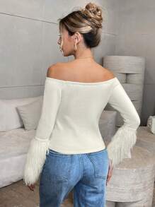 Chiquease Women's Autumn Off Shoulder Furry Patchwork Fitted Sweater, Knit Pullover Fall Winter - Beige - View 2