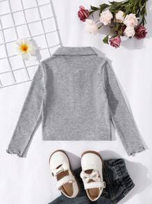 SHEIN Leap Crew Young Girl Casual Versatile Soft Knit Half Open Front Lapel Collar Long Sleeve Top - Grey - View 2