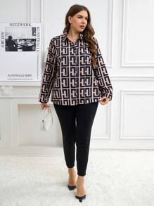 SHEIN Clasi 2pcs/Set Plus Size Women's Full Print Loose Long Sleeve Shirt And Skinny Pants Suit, Spring & Autumn - Multicolor - View 5