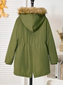 2 peças de jaqueta grossa com capuz de lã verde militar para meninos pré-adolescentes, moderna e estilosa, adequada para outono/inverno