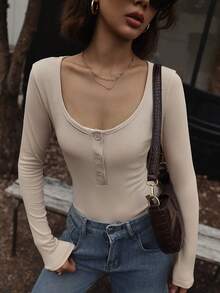SHEIN EZwear Của phụ nữ Vạt váy một nửa dây nút Tay áo dài Áo liền quần chặt - Màu be - Xem 3