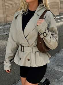 Forever 21 Women's Solid Color Double-Breasted Belted Long Sleeve Trench Coat - Green - View 10