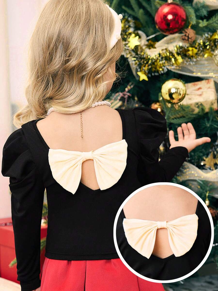 SHEIN 年轻女孩针织撞色镂空蝴蝶羊腿袖修身休闲 T 恤，适合圣诞节 - 黑色 - 查看 1