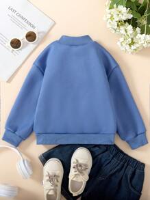 SHEIN Young Girl Cute INS Style Comfortable Blue Knit Crew Neck Long Sleeve Multi-Color 3D Flower Decor Sweatshirt, Spring Autumn - Blue - View 2