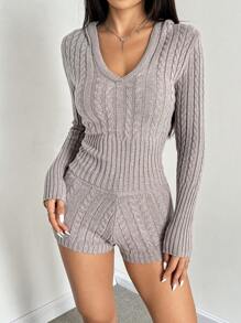 Muchica 1 套纯色连帽毛衣上衣和低腰短裤，休闲针织套装