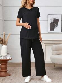 SHEIN Bộ 2 áo thun trơn cổ tròn tay ngắn thường ngày và quần dài cho bà bầu, trang phục cho con bú - màu đen - Xem 3