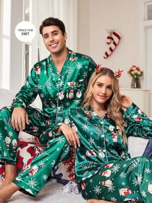 Christmas Elements Pattern Santa Snowman Faux Silk Men Pajamas Set - Green - View 8