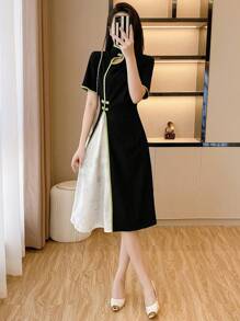 SHEIN Unity Women's Summer Turndown Collar Color Block Short Sleeve Elegant Chinese Style Midi Dress Maxi Women Outfit