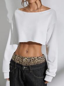 SHEIN Unity Sexy Solid Color Asymmetric Neck Long Sleeve Cropped Sweatshirt,Long Sleeve Top,Graduation,Teacher,Back To School Pullover Fall - White - View 5