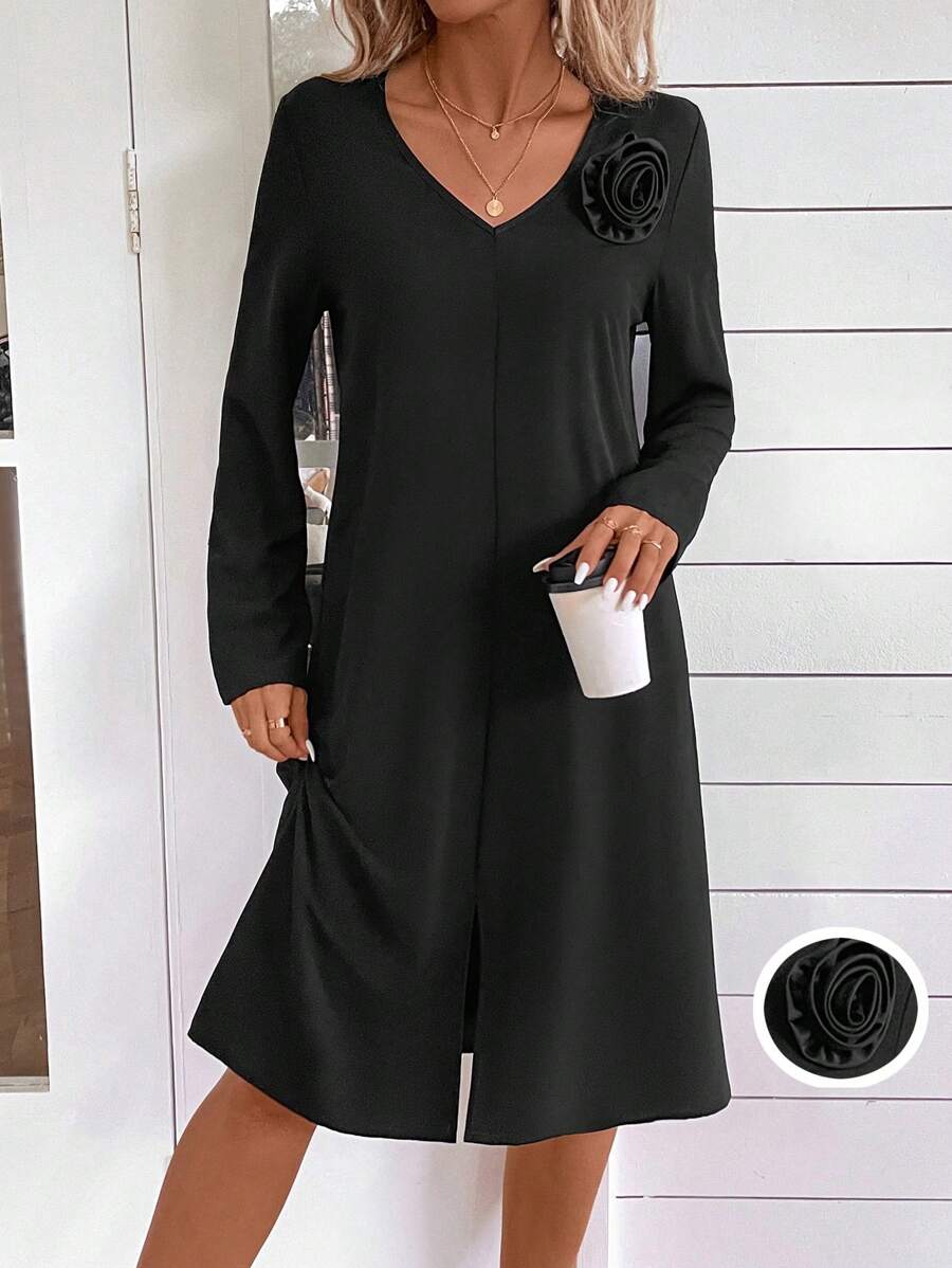 EMERY ROSE 女士长袖花卉装饰连衣裙 - 黑色 - 查看 1