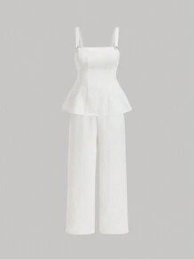 SHEIN MOD 2 件大码粗花呢面料修身浪漫设计长裤套装 - 白色 - 查看 1