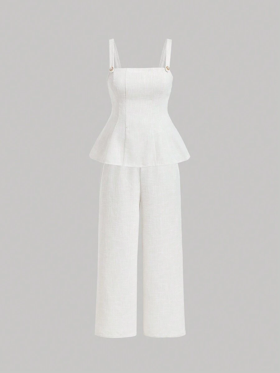 SHEIN MOD 2 件大码粗花呢面料修身浪漫设计长裤套装 - 白色 - 查看 1